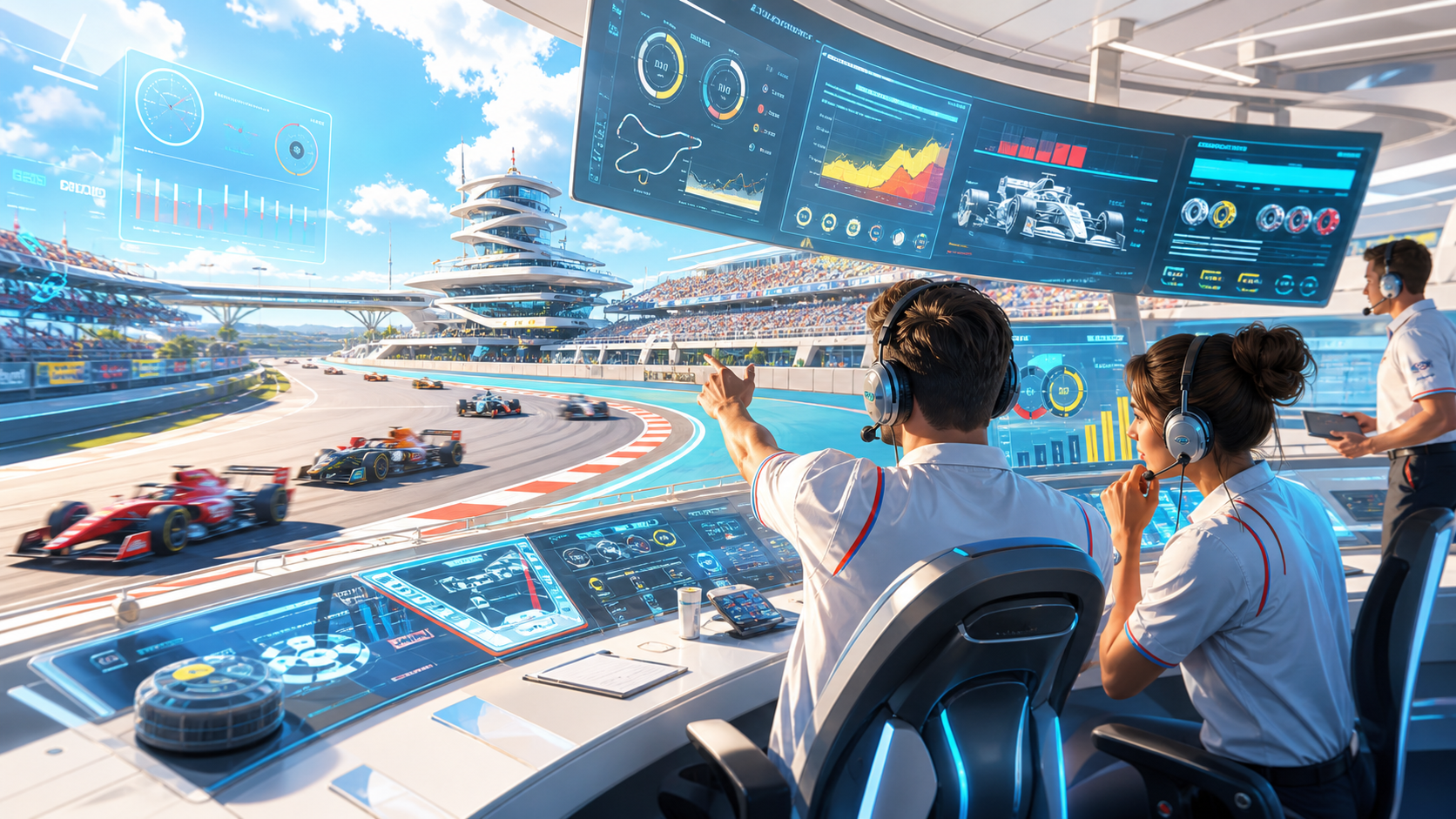Bright futuristic racing strategy room overlooking a championship race track
